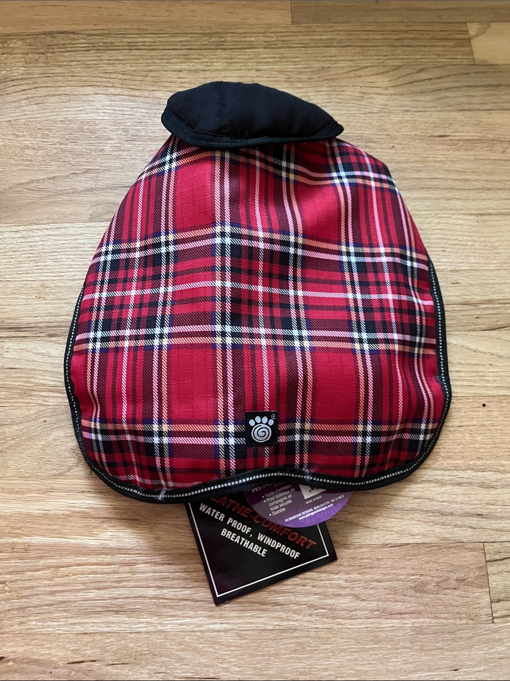 Plaid Red Waterproof Dog Coat with Black Trim